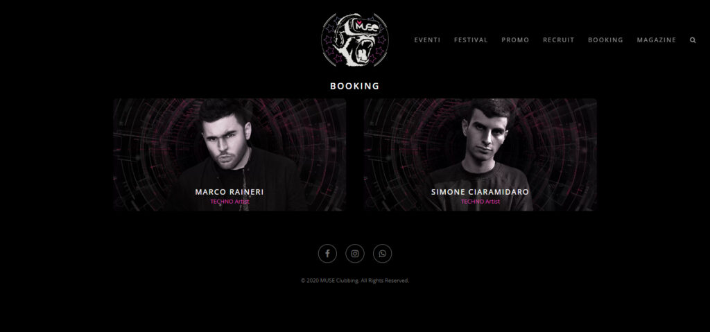Sezione booking del sito MUSE Clubbing