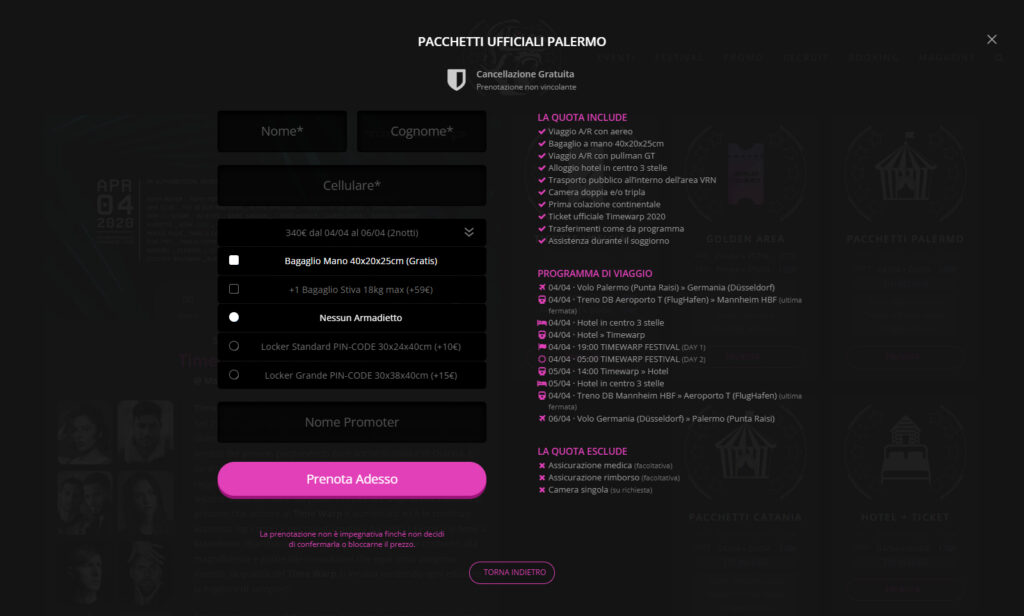 Modulo di prenotazione del sito MUSE Clubbing
