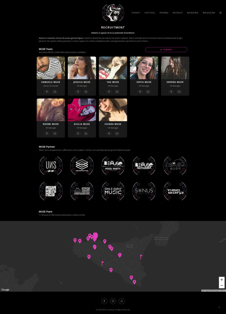 Sezione team e recruit del sito MUSE Clubbing