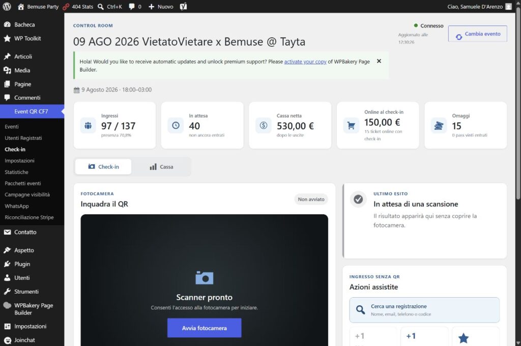 Control room BEMUSE per check-in QR, cassa e accessi in tempo reale