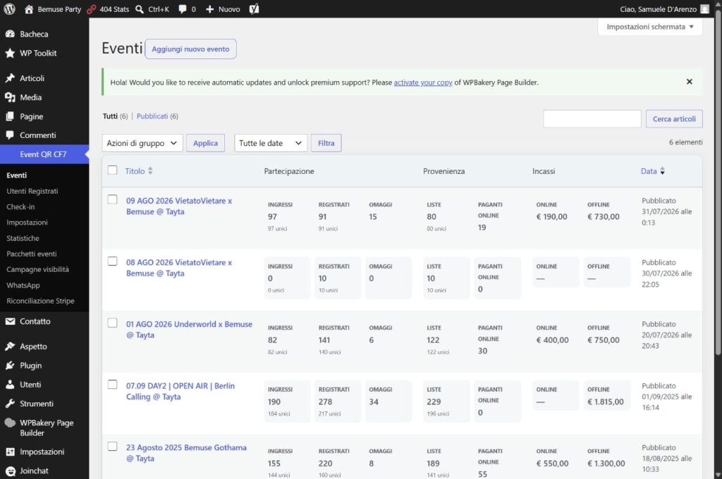 Pannello eventi del plugin BEMUSE con prenotazioni, ingressi e incassi