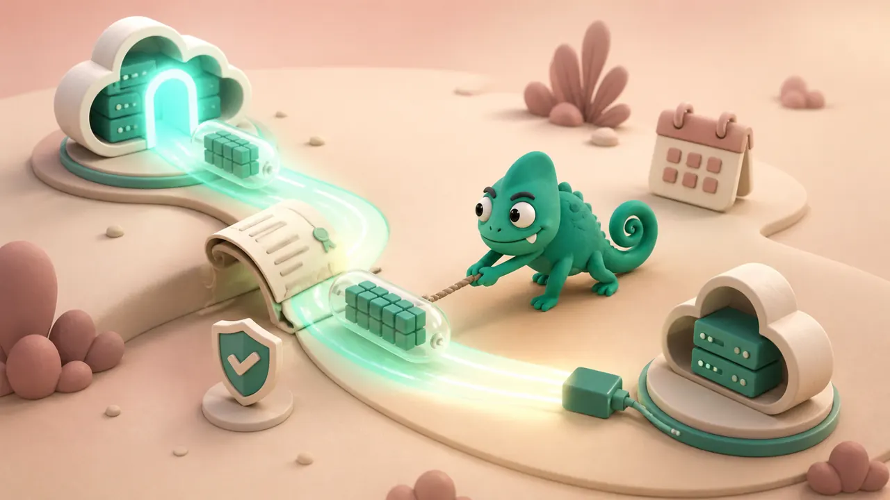 Cambio fornitore cloud: camaleonte verde trasferisce capsule di dati tra due piattaforme
