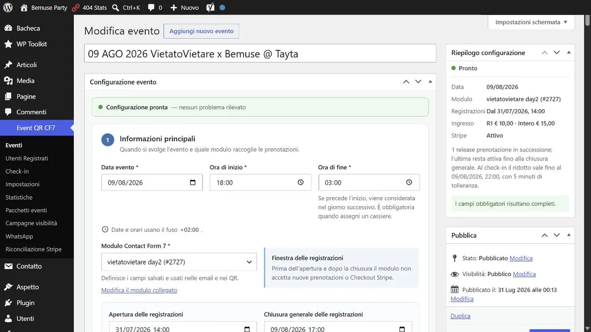 Configurazione di un evento con date, prenotazioni e Stripe