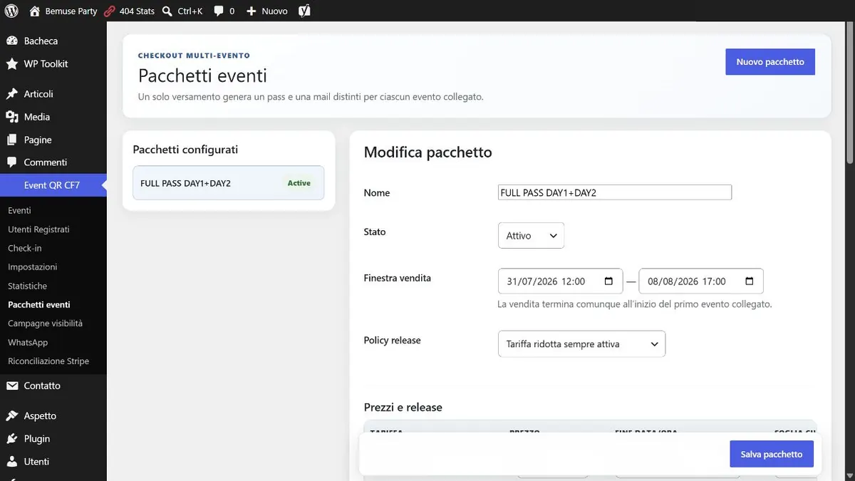 Gestione di un pacchetto Stripe per più eventi