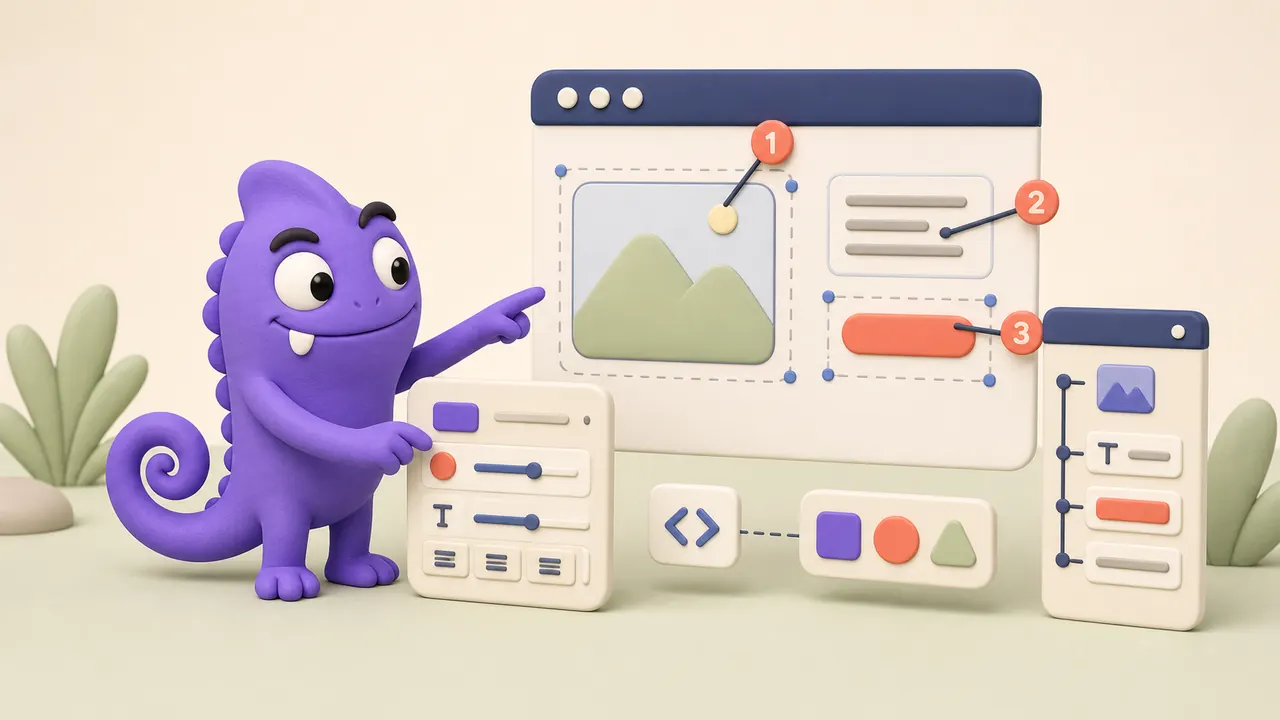 Camaleonte viola davanti all'editor visuale di Figma Make con pannello proprietà e annotazioni