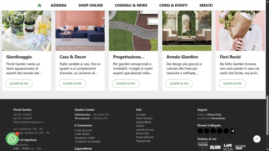 Reparti e servizi presentati nel sito GittoGarden