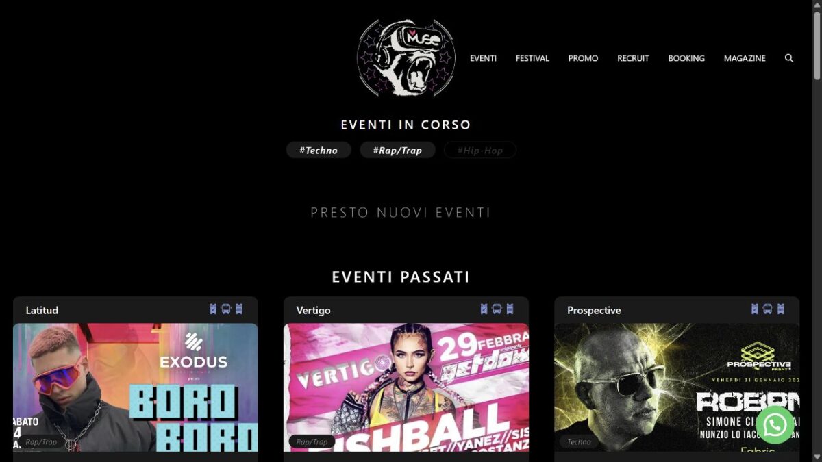 Homepage del portale eventi MUSE Clubbing