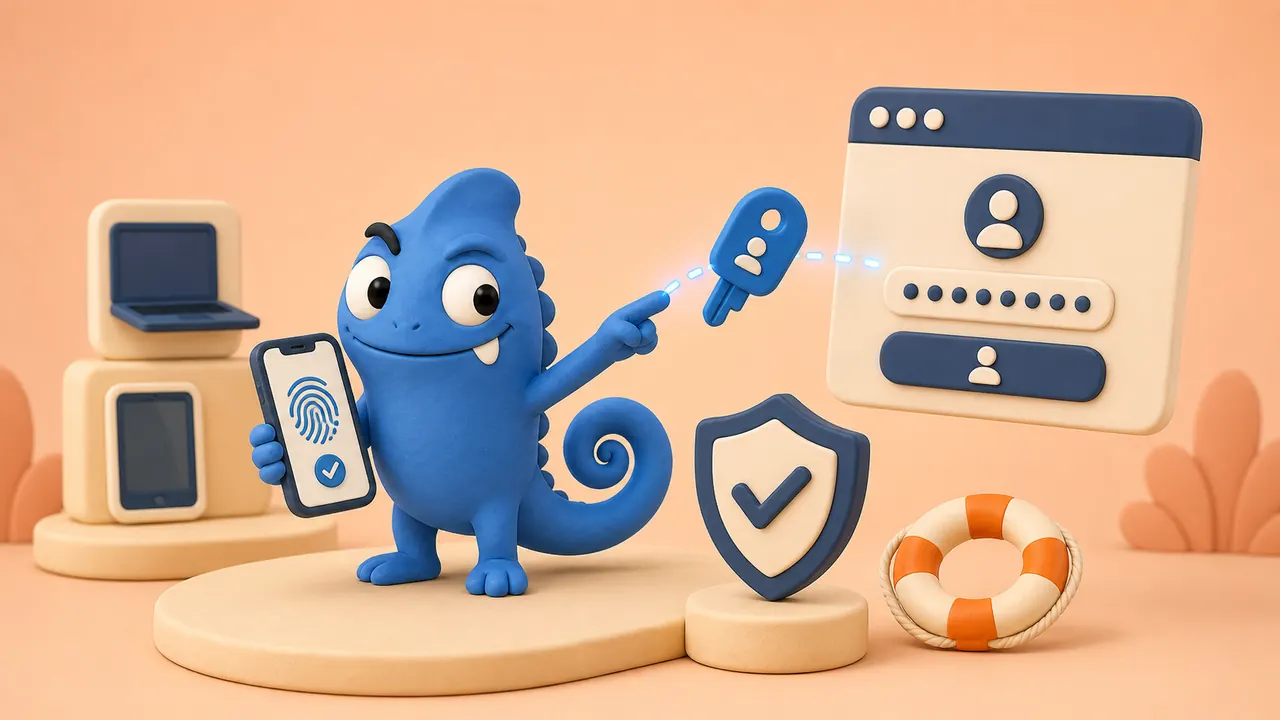 Camaleonte blu collega smartphone, passkey e pannello di accesso sicuro per un sito web