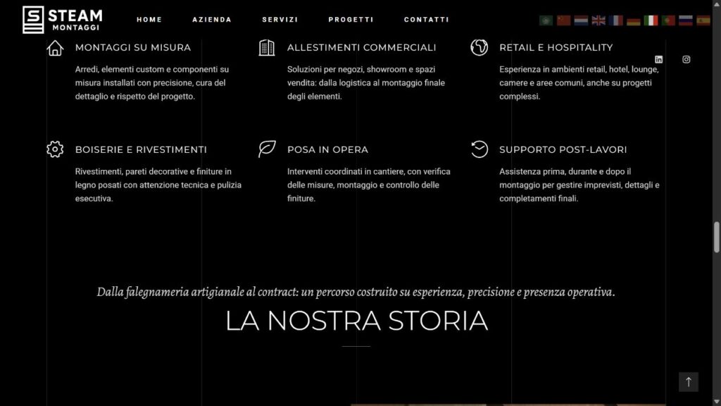 Sezione Servizi del sito Steam Montaggi con griglia delle competenze