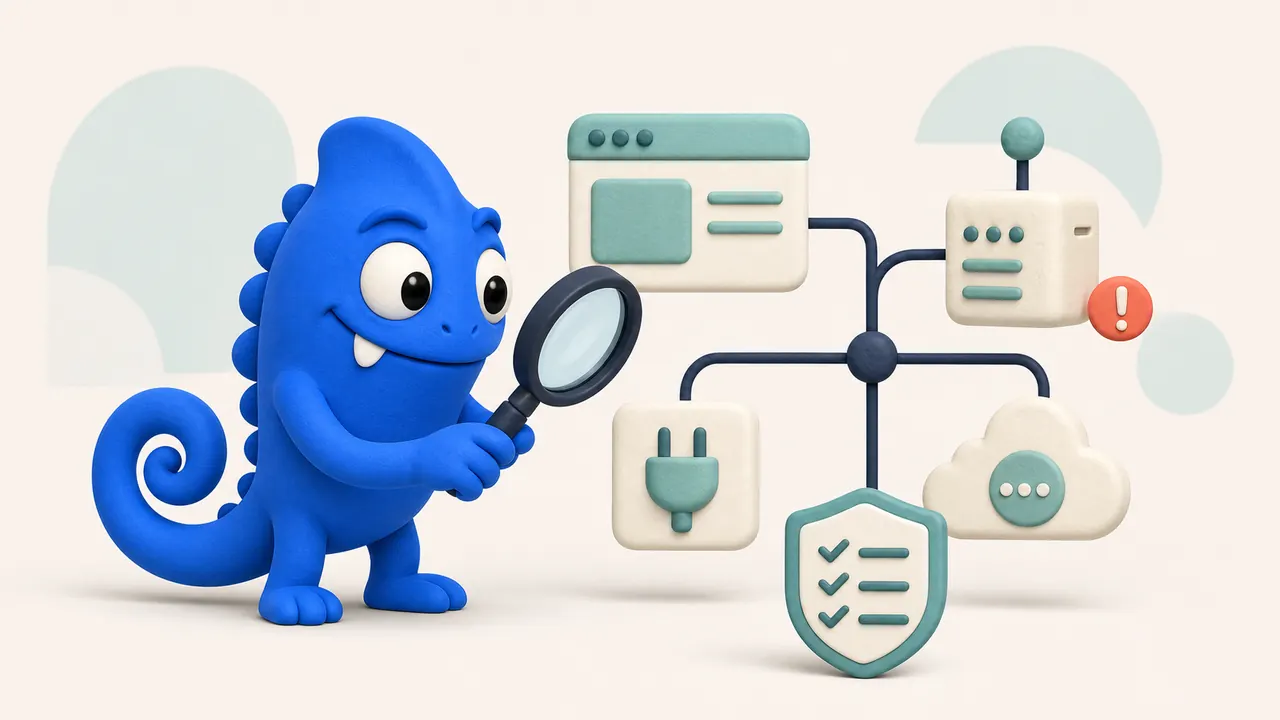 Superficie d'attacco web analizzata da un camaleonte blu tra sito, sottodominio, API e servizi cloud