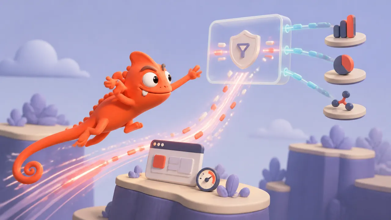 Tagging server-side: camaleonte corallo salta verso un gateway che filtra eventi di marketing