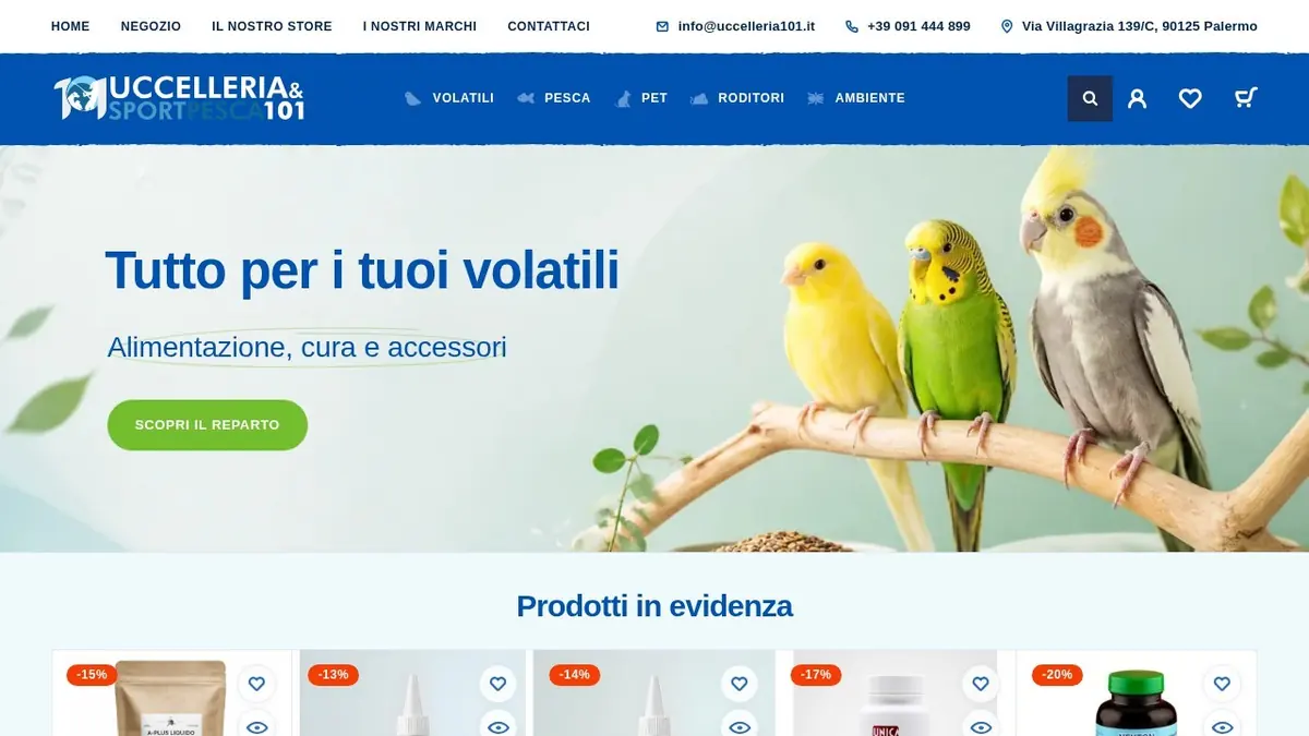 Homepage desktop dell’e-commerce Uccelleria101
