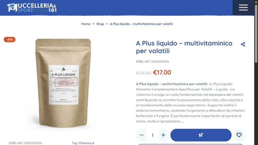 Scheda prodotto WooCommerce di Uccelleria101