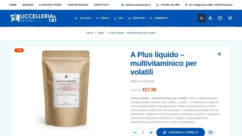 Scheda prodotto WooCommerce di Uccelleria101 in versione desktop