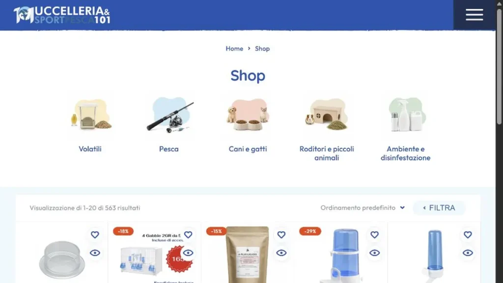 Shop Uccelleria101 con reparti e catalogo WooCommerce