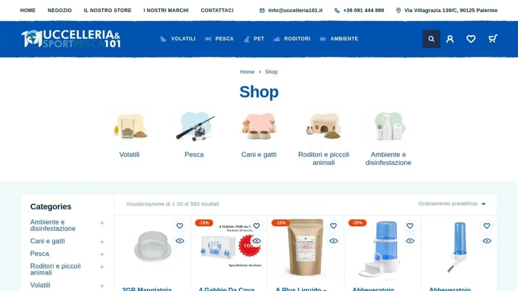 Shop desktop di Uccelleria101 con reparti e catalogo WooCommerce