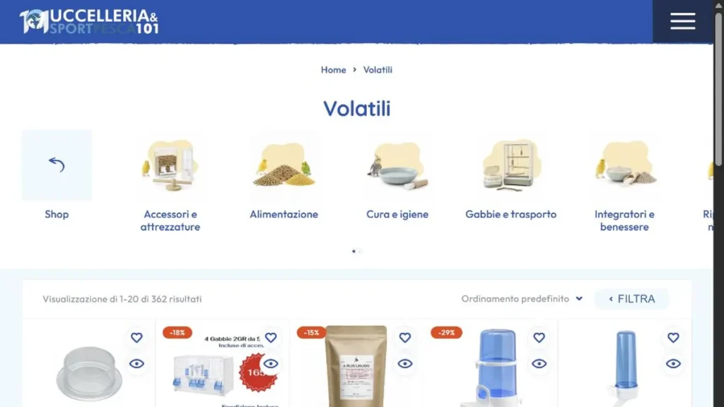 Reparto Volatili di Uccelleria101 con categorie e prodotti