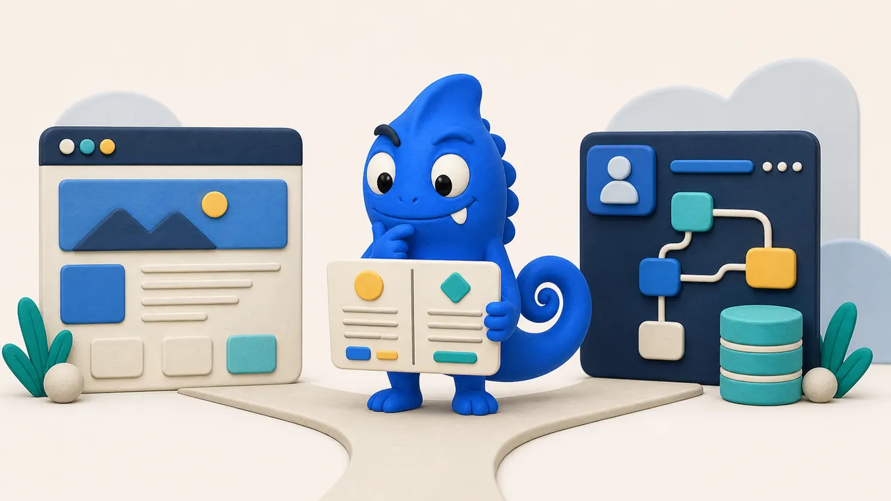 Web app o sito web a confronto con camaleonte blu, interfaccia contenuti e applicazione con database