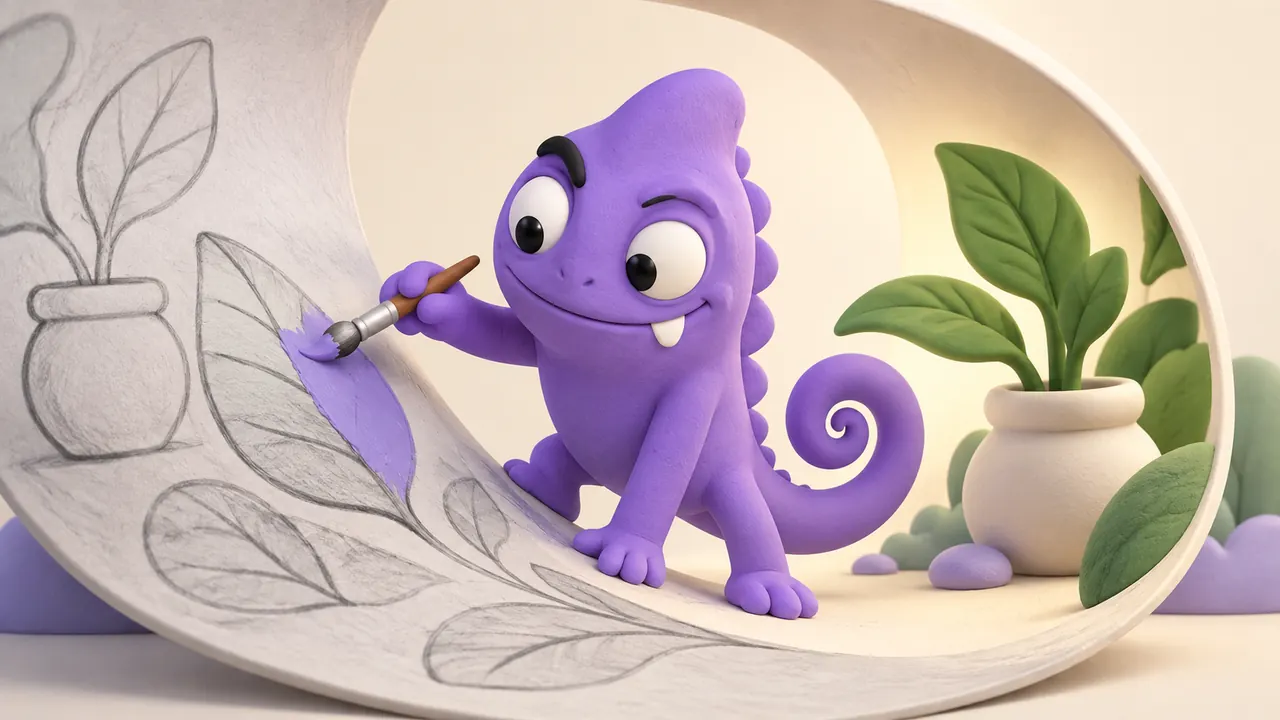 Camaleonte viola trasforma con un pennello uno schizzo in un visual rifinito