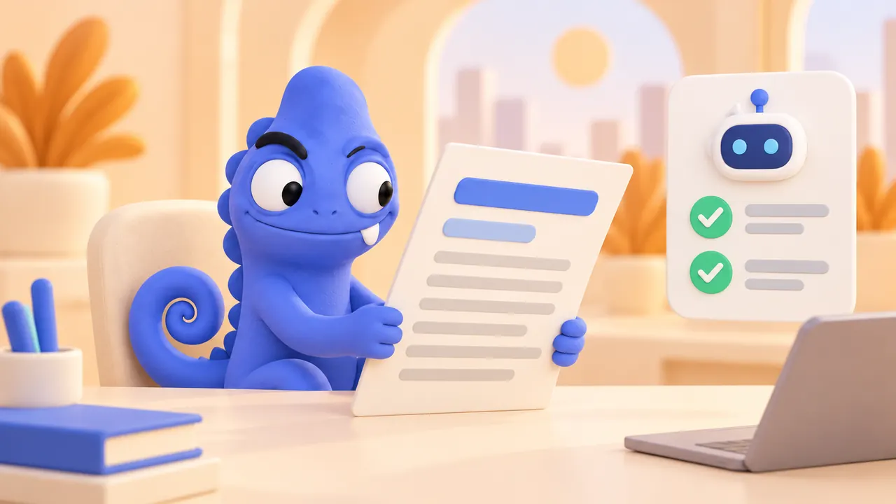 Camaleonte blu che revisiona un documento con assistente AI laterale