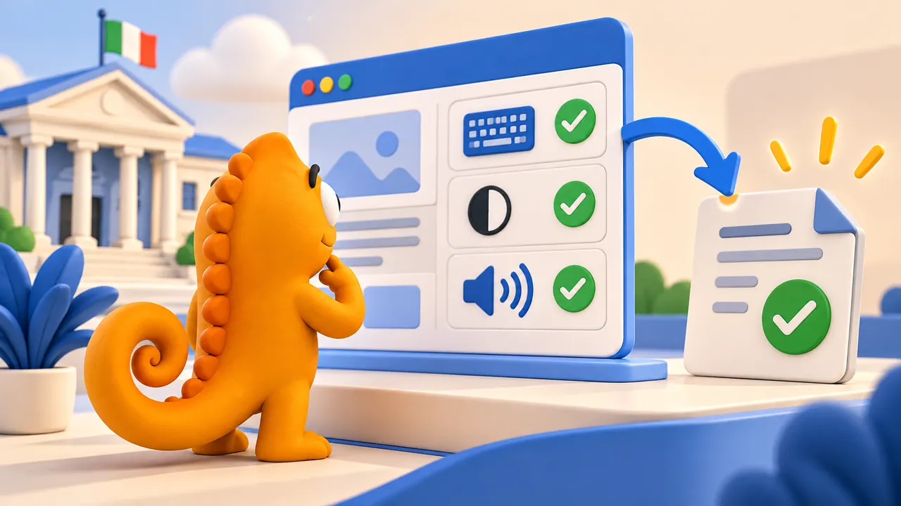 Camaleonte blu davanti a un sito pubblico accessibile, con checklist di verifica e icona di edificio istituzionale