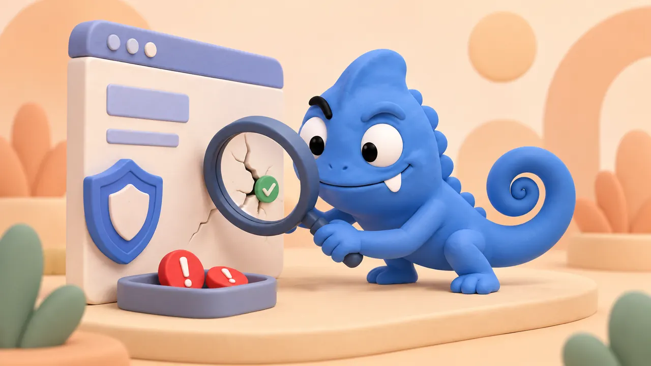 Camaleonte blu con occhi asimmetrici, un dentino e coda a spirale verifica con una lente una crepa in una pagina web