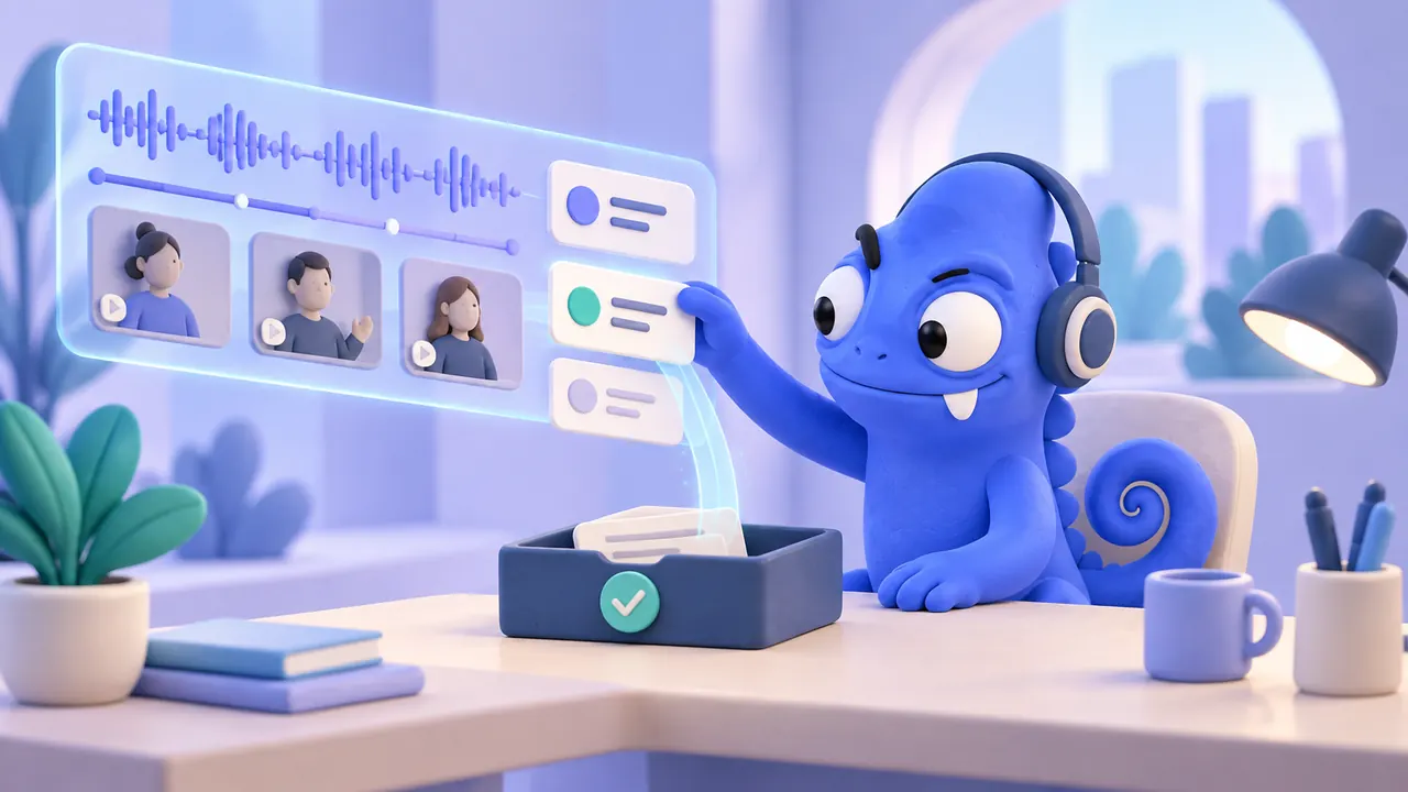 Camaleonte blu con cuffie trasforma una riunione video in attività operative