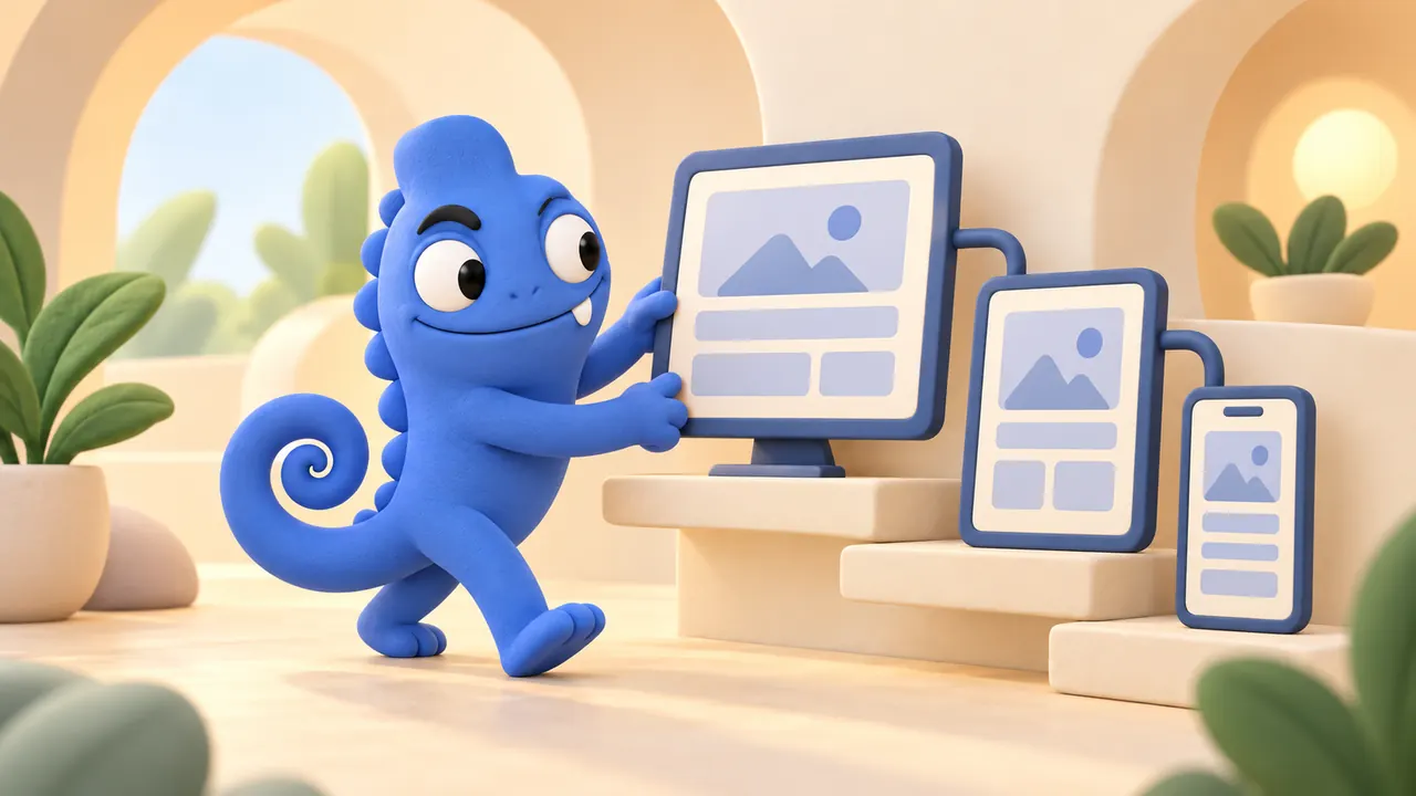 Camaleonte blu in un ambiente chiaro con schermi desktop, tablet e smartphone: verifica responsive prima di aggiornare WordPress 7.1