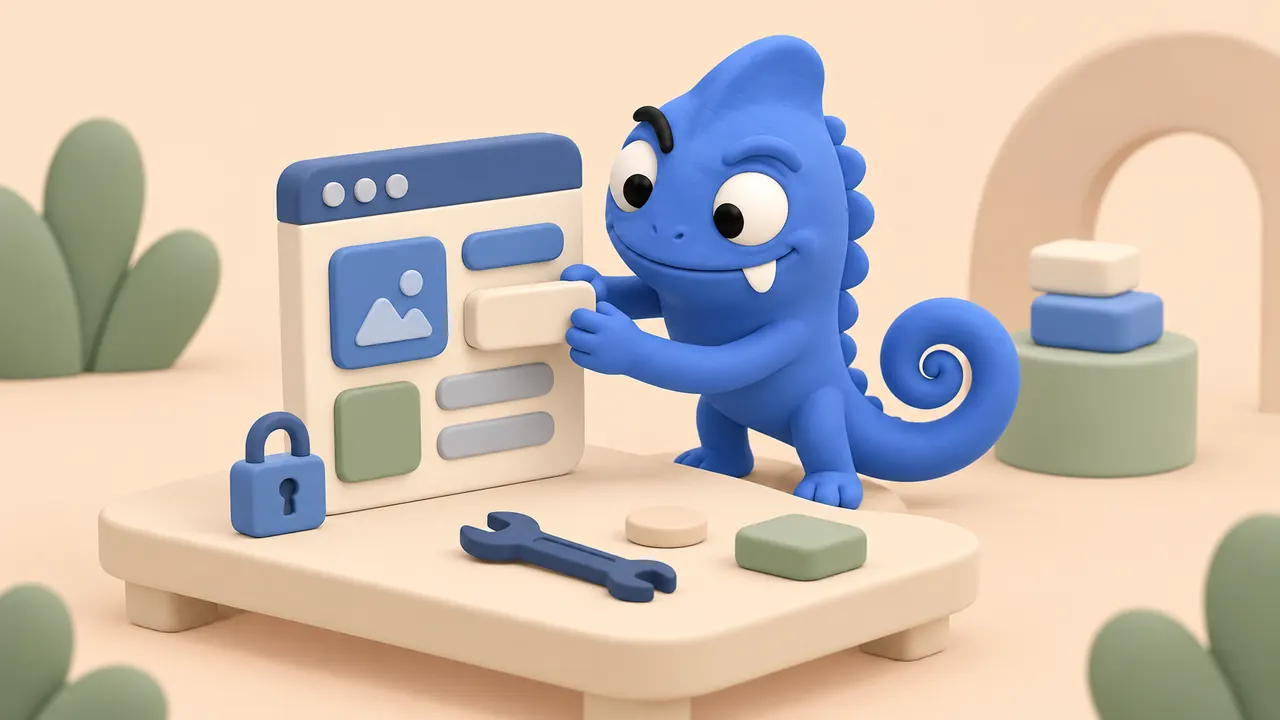 Camaleonte clay blu con un solo dentino assembla un'app su un banco con lucchetto e chiave per la manutenzione