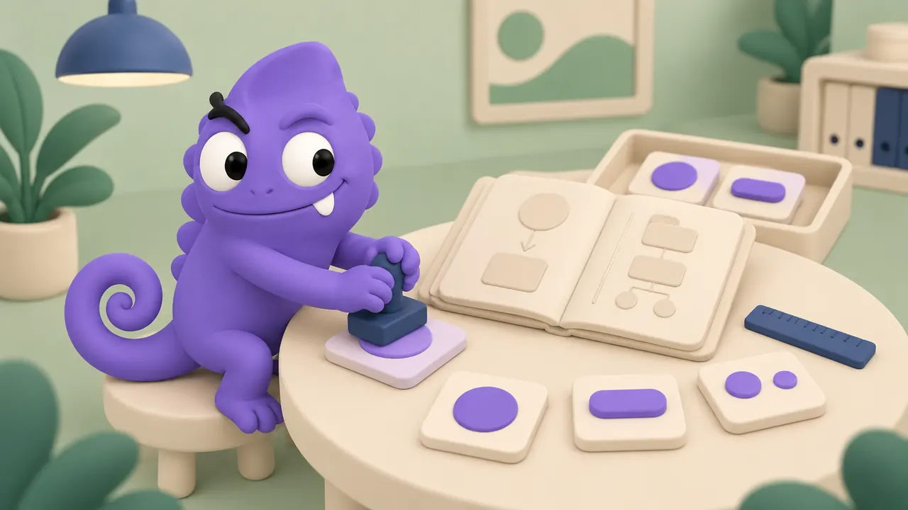 Figma agent: camaleonte originale viola verifica componenti con un timbro e un libro di regole