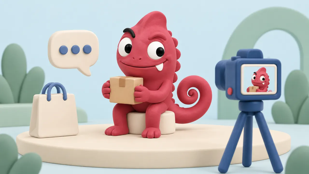 Camaleonte clay rubino con un dentino e coda a spirale presenta un prodotto davanti a una videocamera per il live commerce con avatar AI