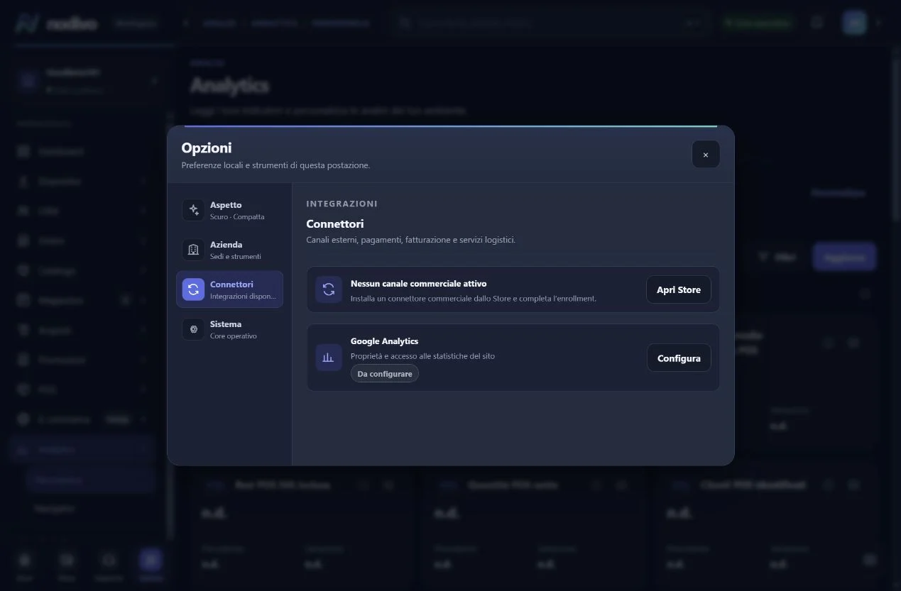 Opzioni Nodivo: connettori commerciali e Google Analytics da configurare