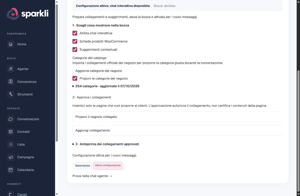 Sparkli: configurazione della chat interattiva con bozza, categorie e collegamenti approvati